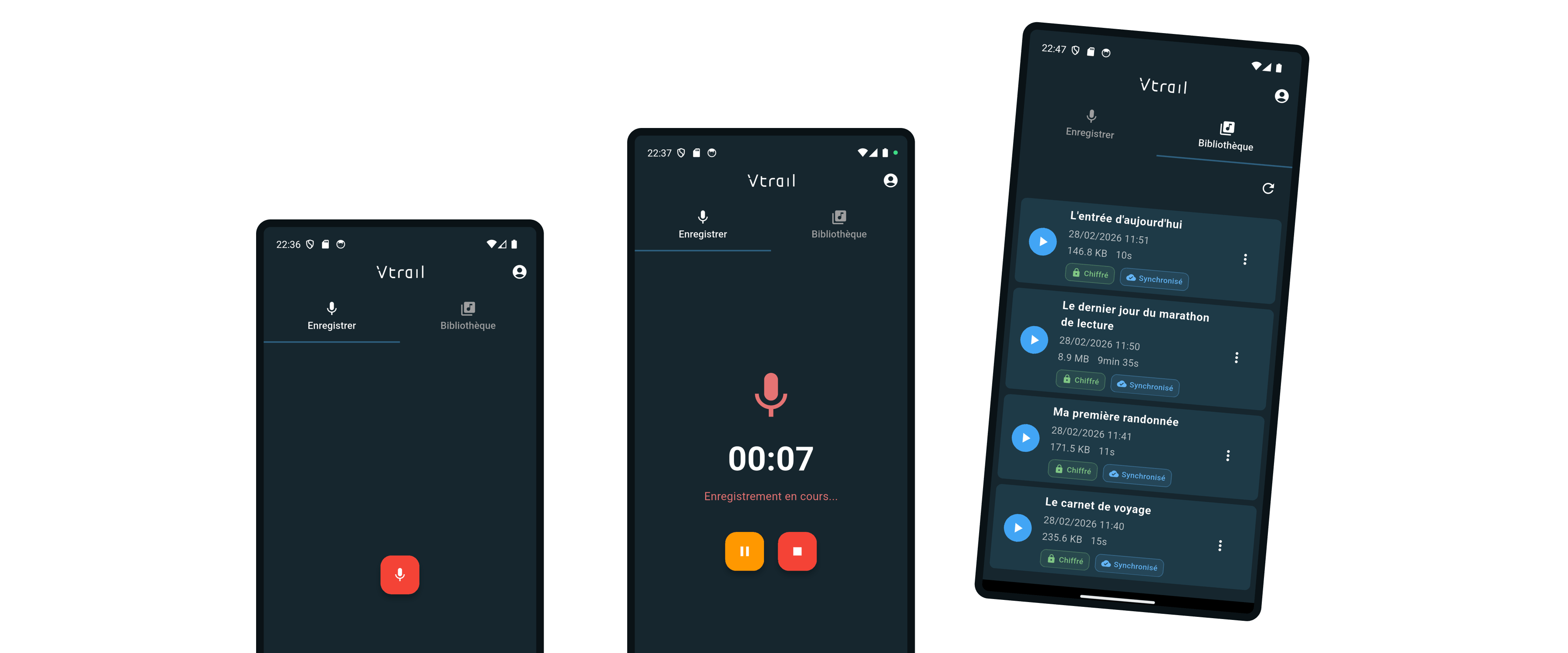 Vtrail sur trois téléphones : prêt à enregistrer, enregistrement avec minuteur, et bibliothèque d'entrées vocales chiffrées et synchronisées.